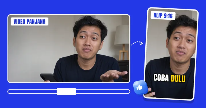 Video 16:9 dipotong jadi klip 9:16 dengan subtitle "coba dulu"