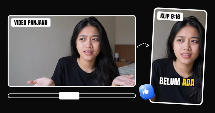 Video 16:9 dipotong jadi klip 9:16 dengan subtitle "belum ada"