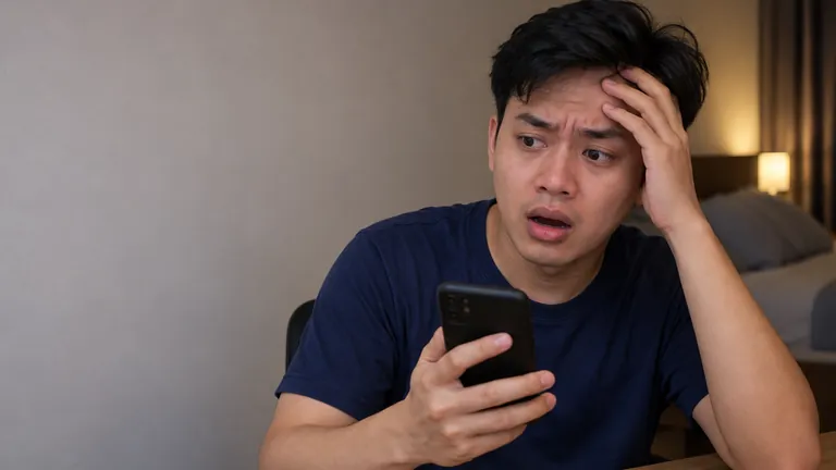 Pria memegang dahi dengan kecewa sambil melihat HP