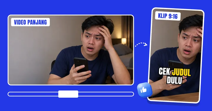 Video 16:9 dipotong jadi klip 9:16 dengan subtitle "cek judul dulu"