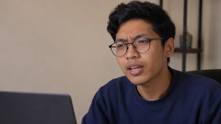Pria berkacamata memperhatikan laptop