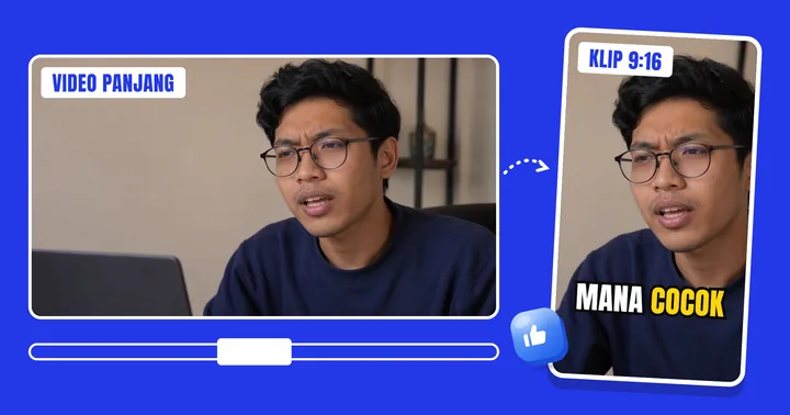 Video 16:9 dipotong jadi klip 9:16 dengan subtitle "mana cocok"