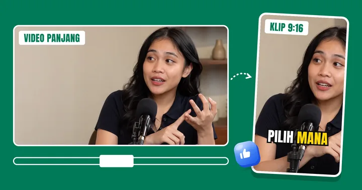 Video 16:9 dipotong jadi klip 9:16 dengan subtitle "pilih mana"