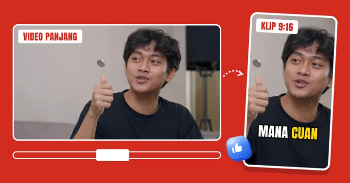 Video 16:9 dipotong jadi klip 9:16 dengan subtitle "mana cuan"