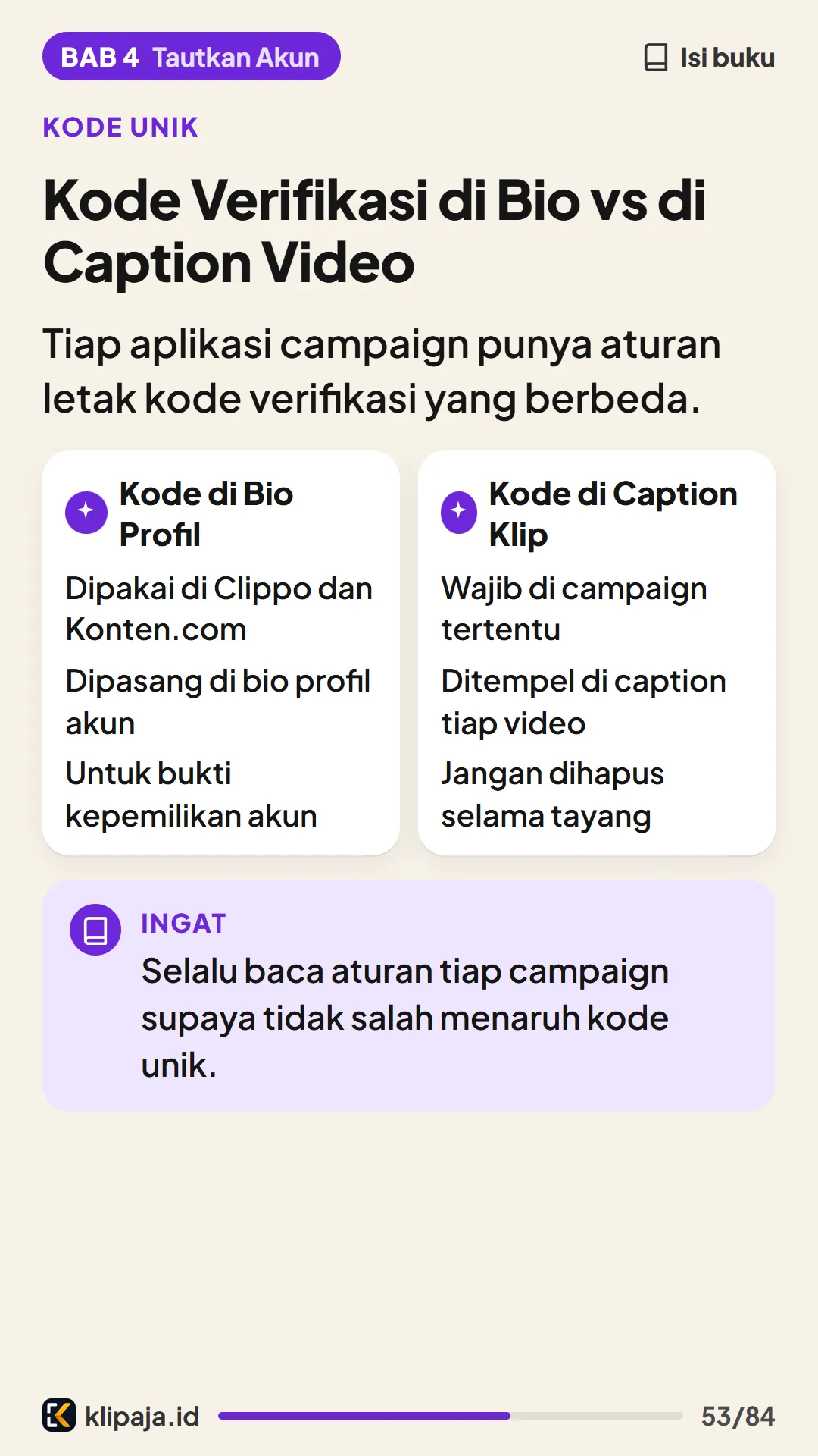 Kode Verifikasi di Bio vs di Caption Video