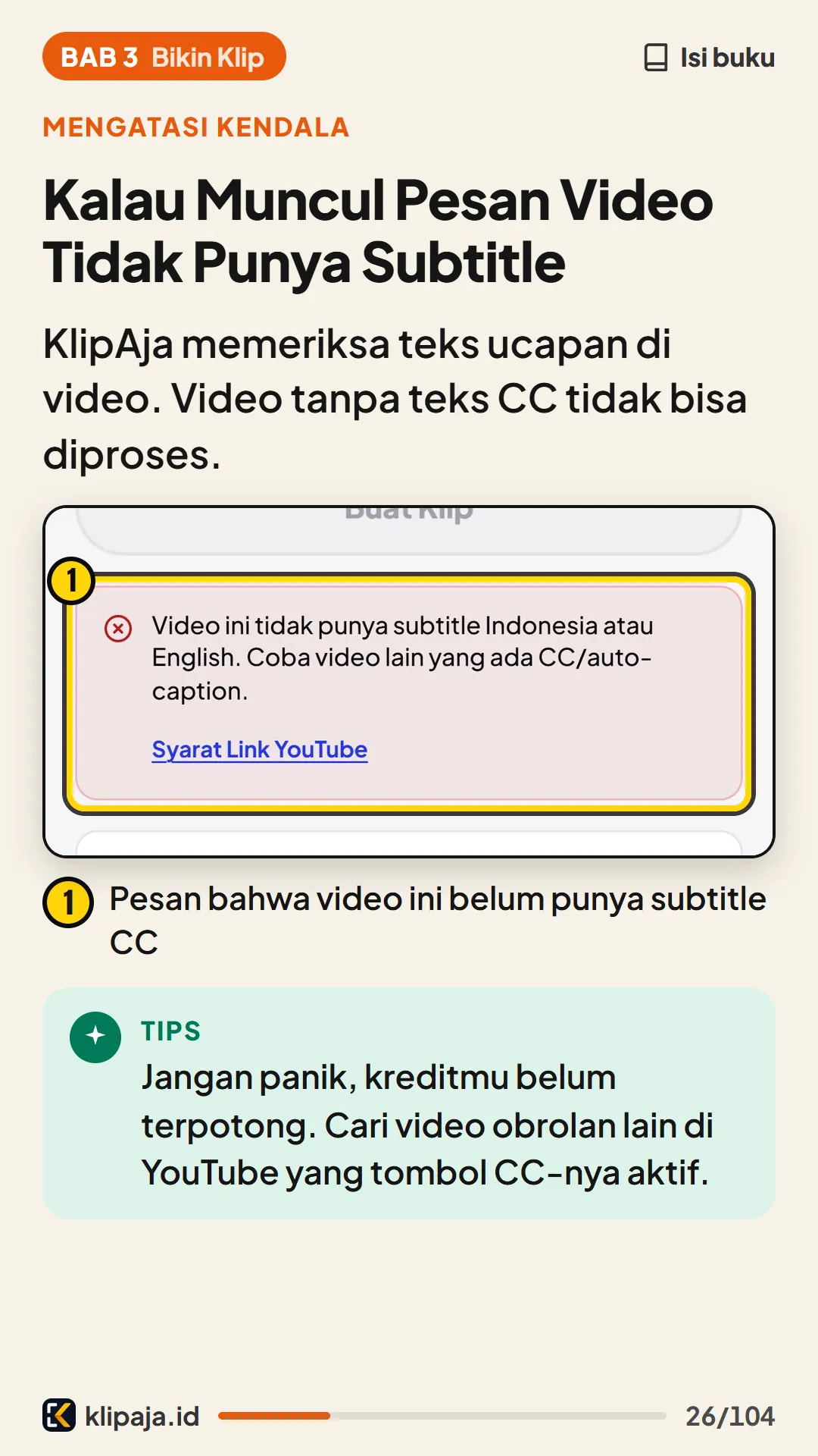 Halaman 26 buku: Kalau Muncul Pesan Video Tidak Punya Subtitle