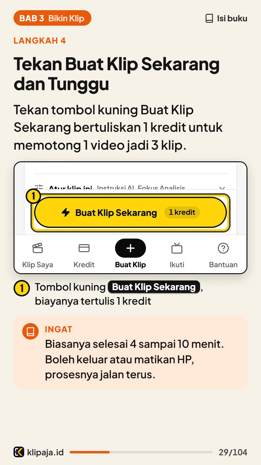 Halaman 29 buku: Tekan Buat Klip Sekarang dan Tunggu