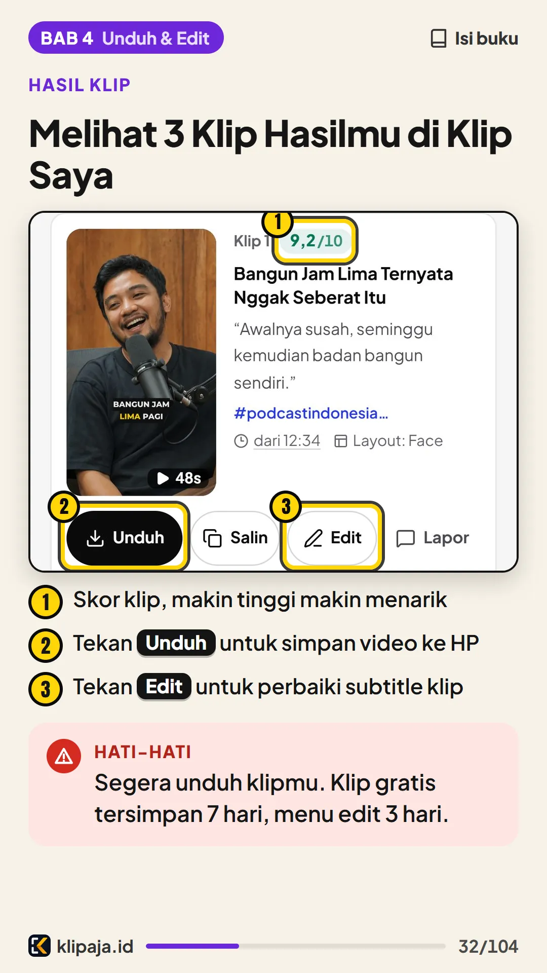 Halaman 32 buku: Melihat 3 Klip Hasilmu di Klip Saya
