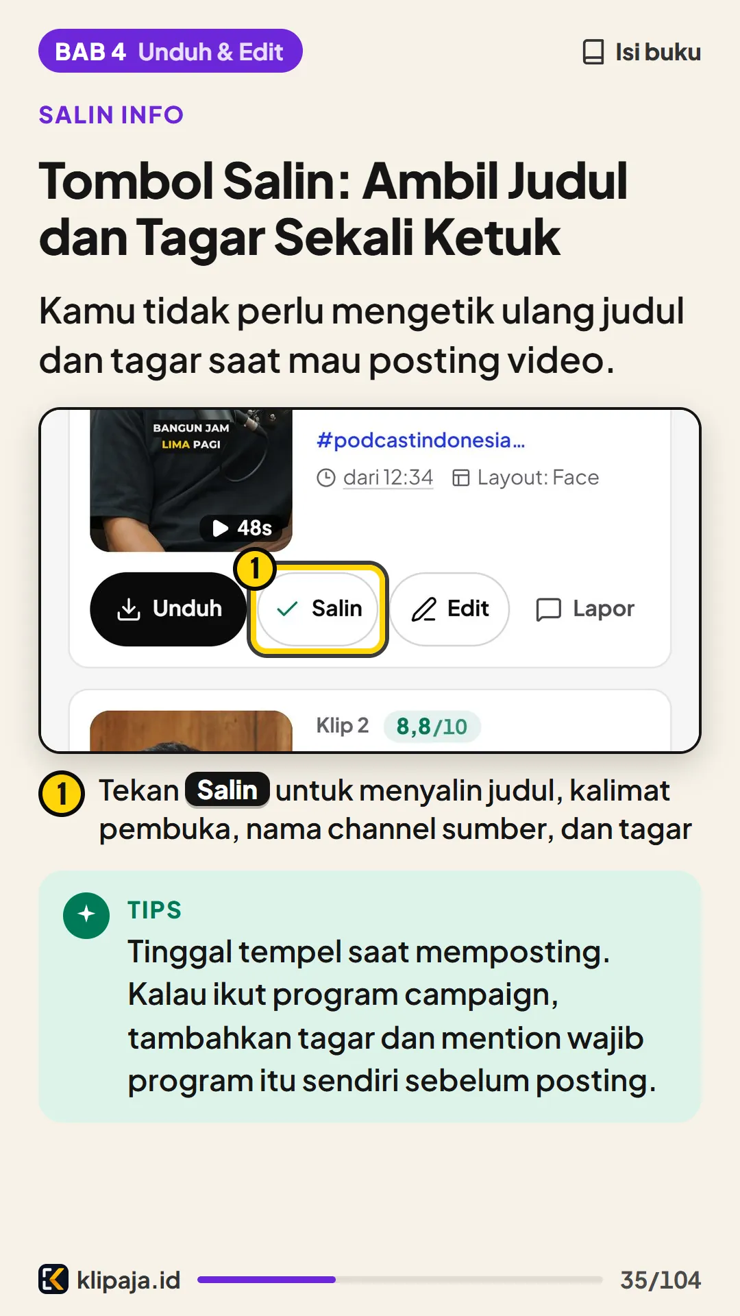 Halaman 35 buku: Tombol Salin: Ambil Judul dan Tagar Sekali Ketuk