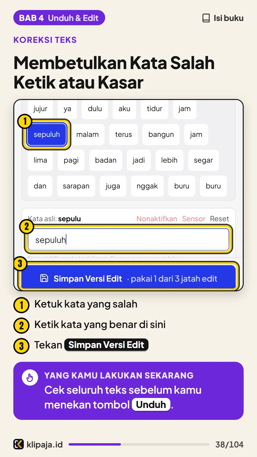 Halaman 38 buku: Membetulkan Kata Salah Ketik atau Kasar