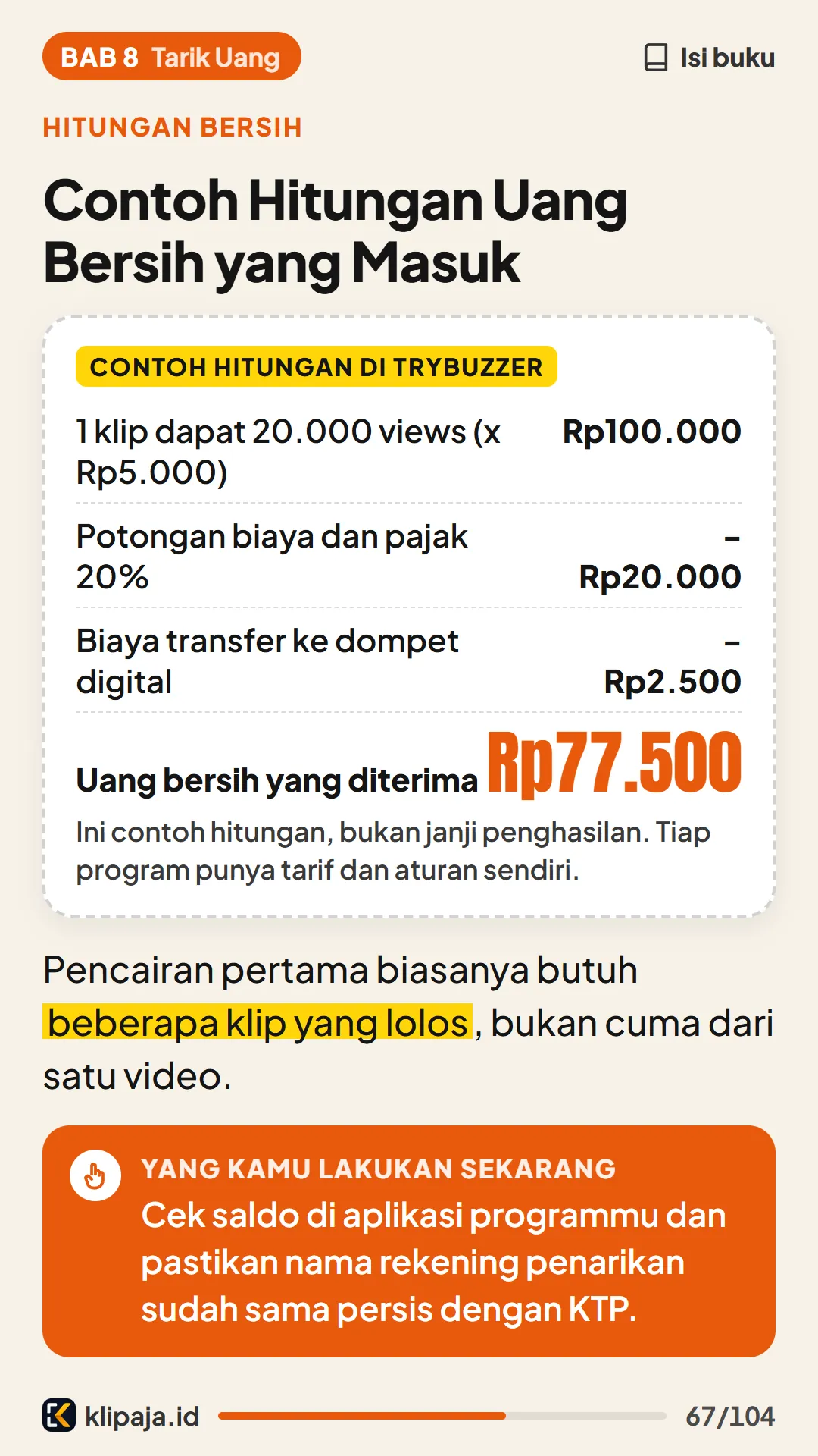 Contoh Hitungan Uang Bersih yang Masuk