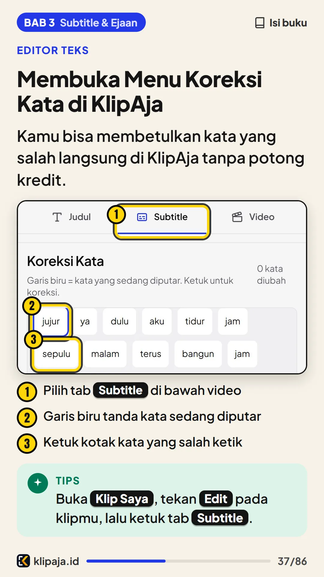 Membuka Menu Koreksi Kata di KlipAja