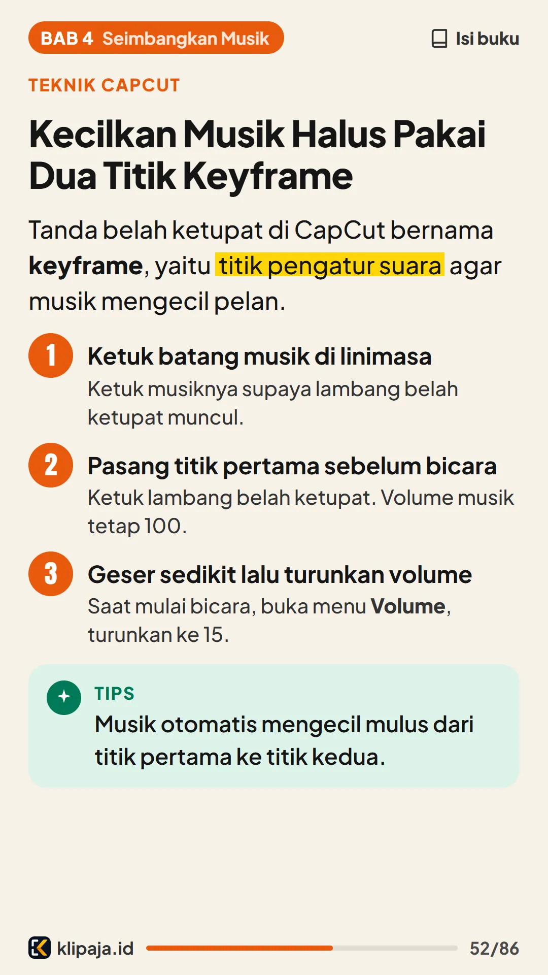 Kecilkan Musik Halus Pakai Dua Titik Keyframe
