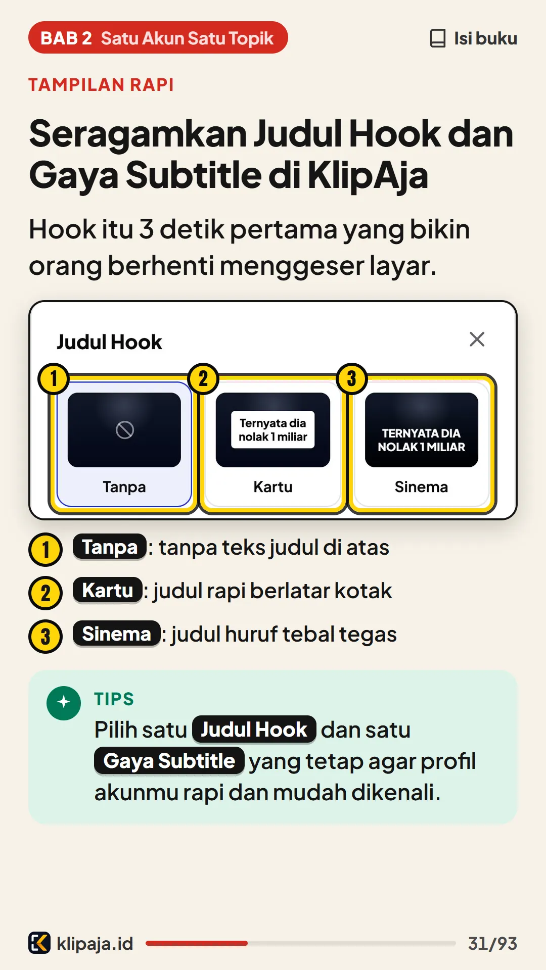 Halaman 31 buku: Seragamkan Judul Hook dan Gaya Subtitle di KlipAja