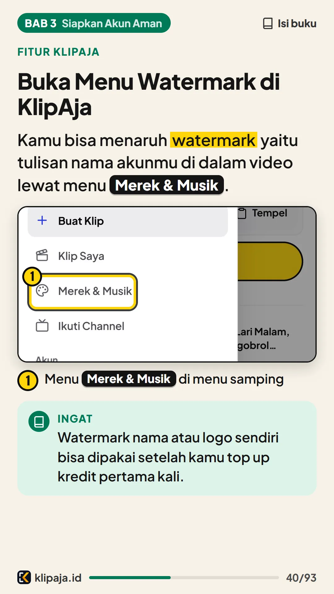 Halaman 40 buku: Buka Menu Watermark di KlipAja