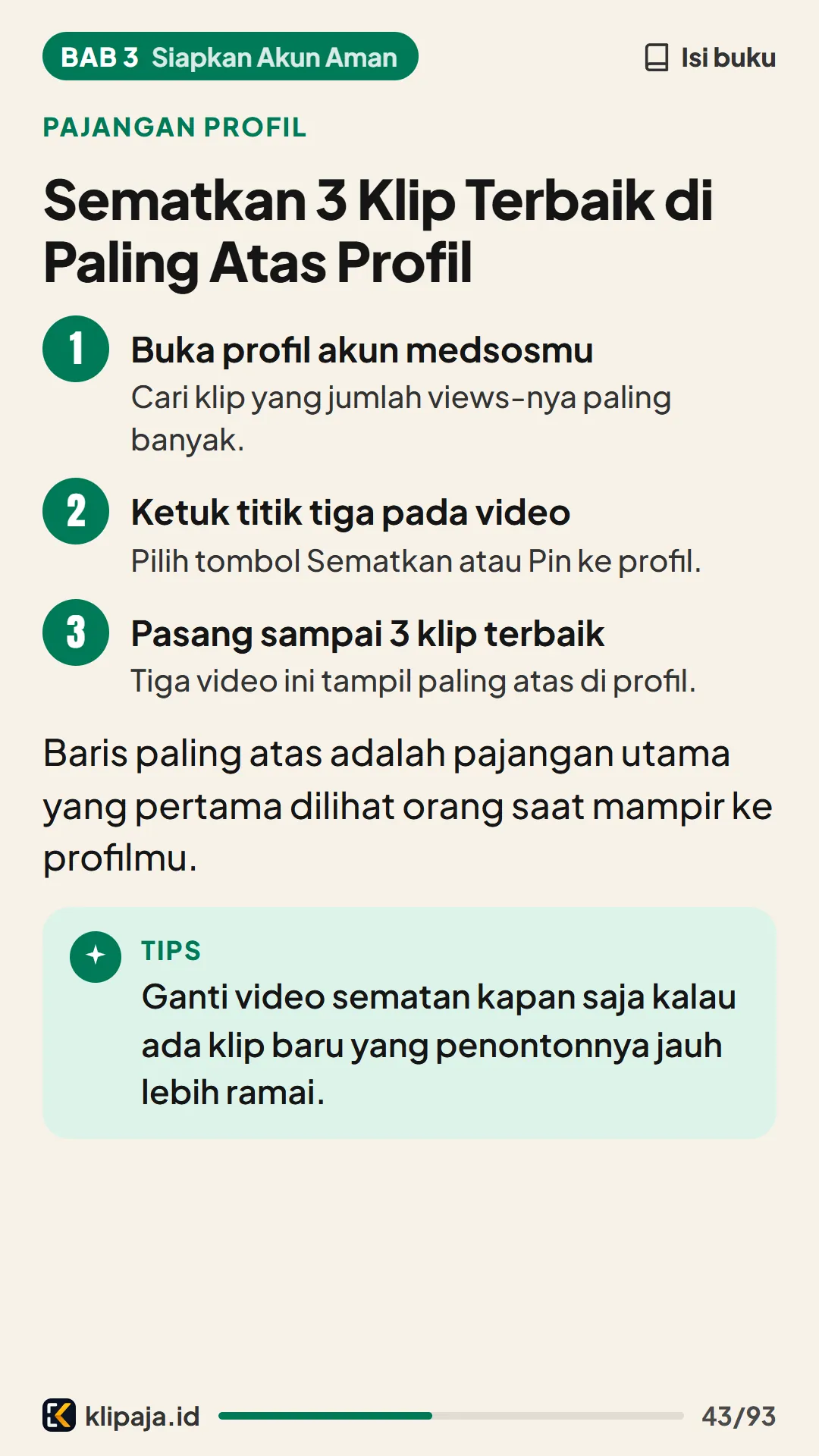 Sematkan 3 Klip Terbaik di Paling Atas Profil