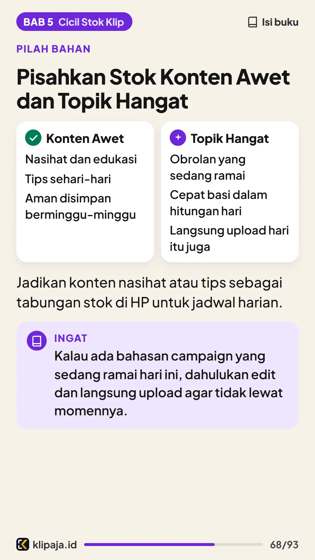 Pisahkan Stok Konten Awet dan Topik Hangat