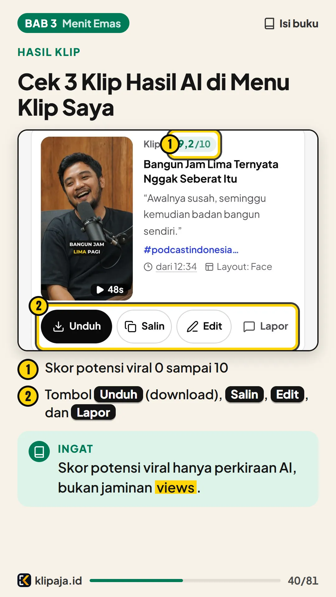Halaman 40 buku: Cek 3 Klip Hasil AI di Menu Klip Saya