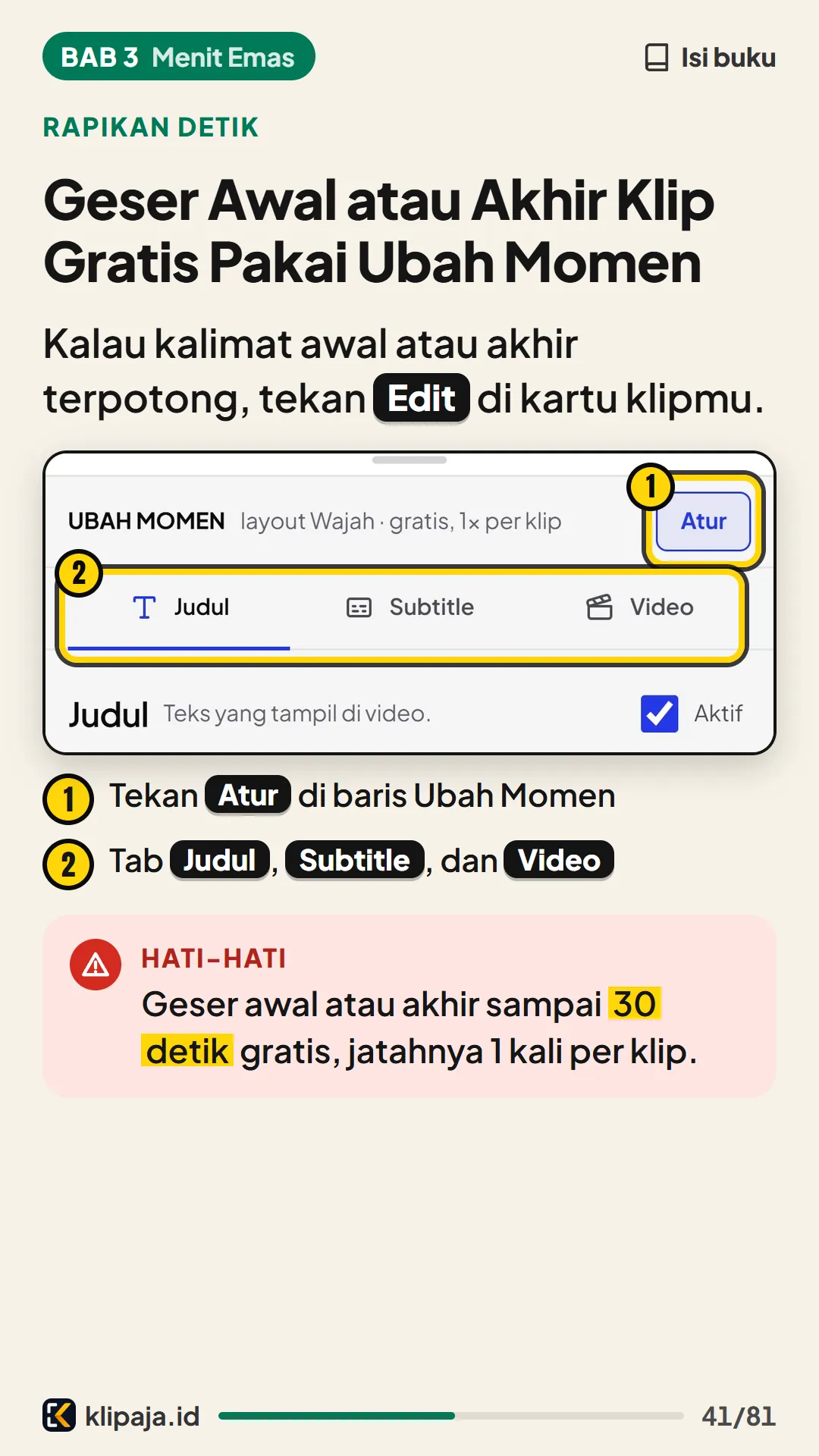 Halaman 41 buku: Geser Awal atau Akhir Klip Gratis Pakai Ubah Momen