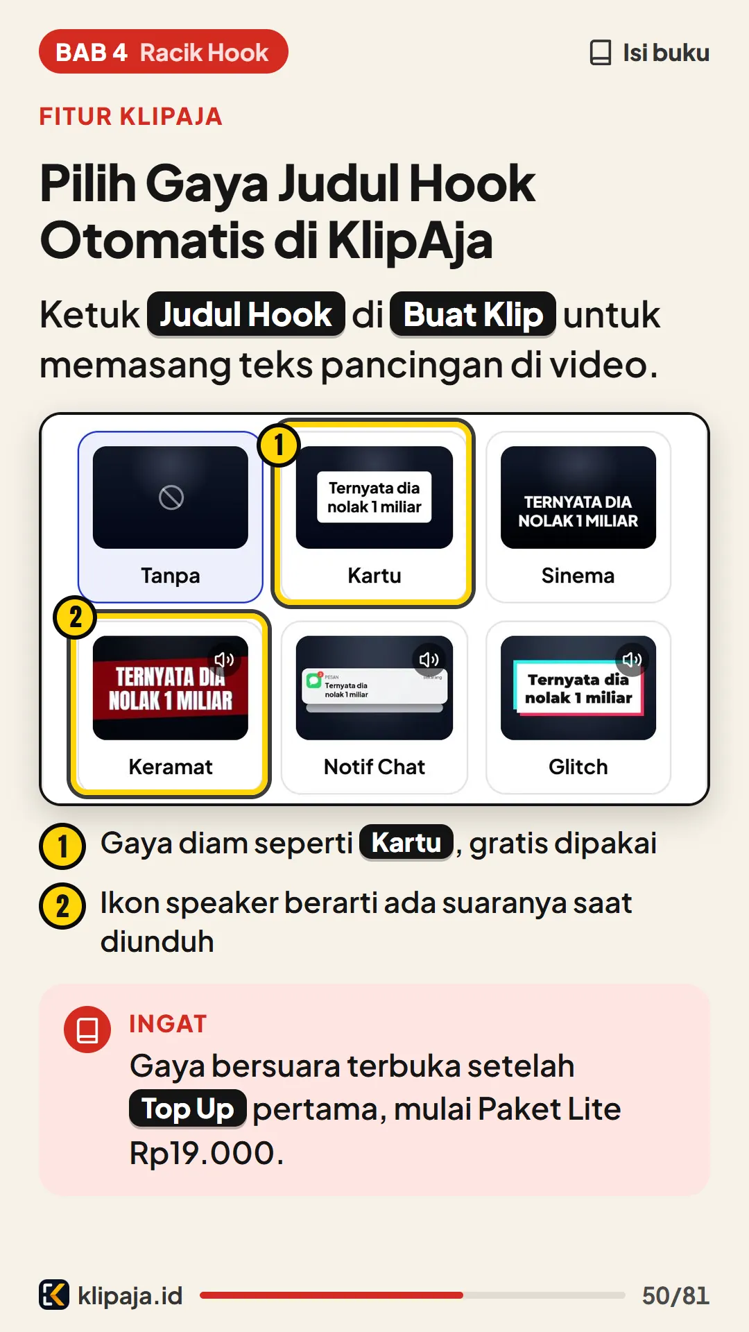 Halaman 50 buku: Pilih Gaya Judul Hook Otomatis di KlipAja
