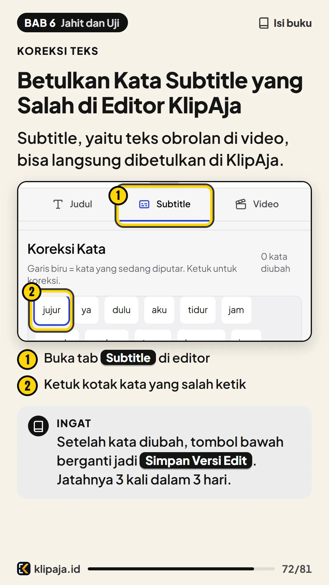 Betulkan Kata Subtitle yang Salah di Editor KlipAja
