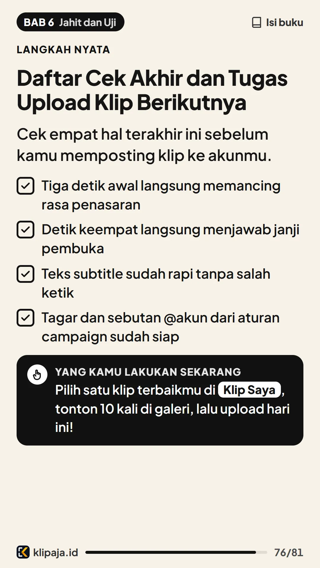 Daftar Cek Akhir dan Tugas Upload Klip Berikutnya