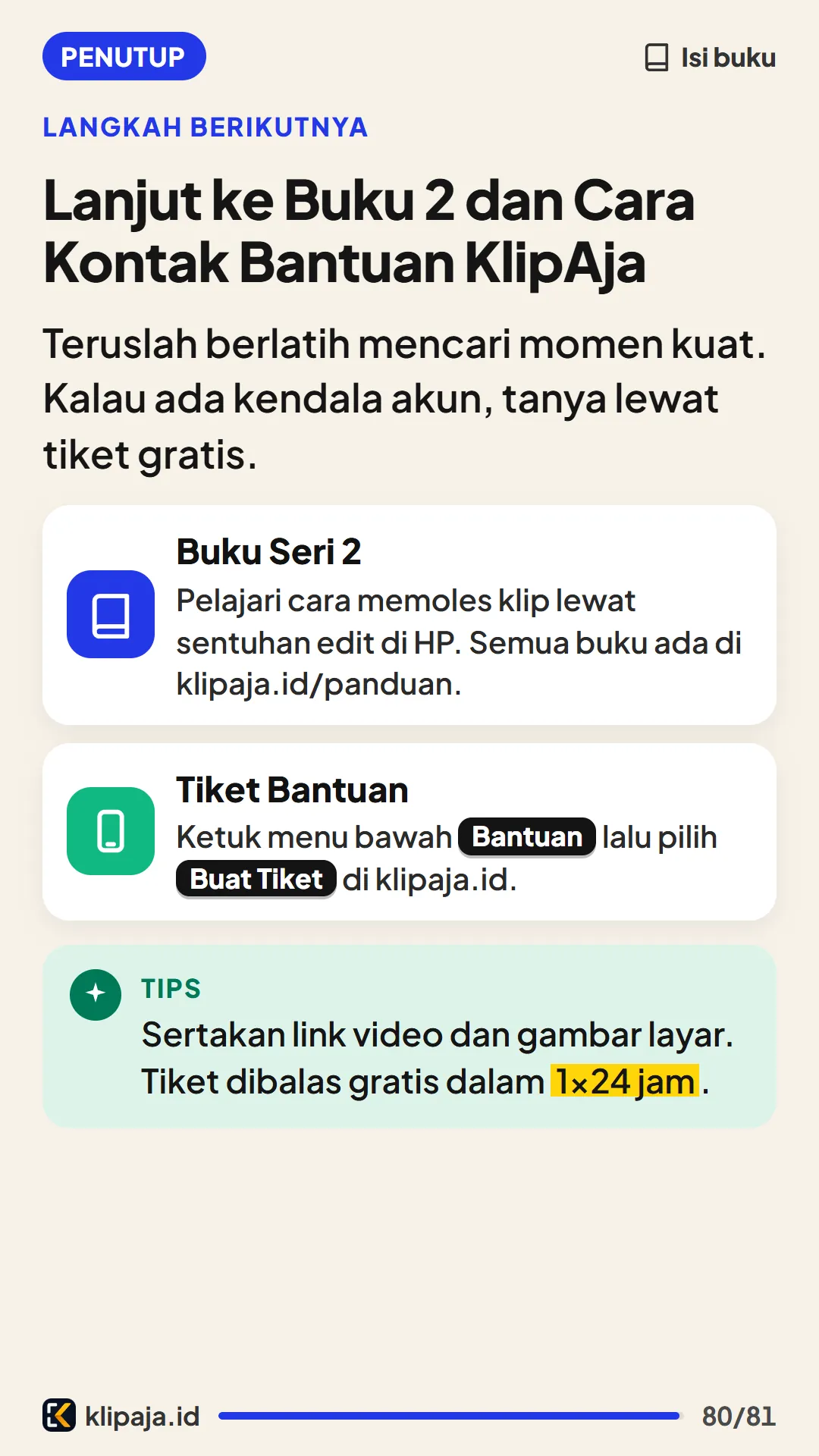 Lanjut ke Buku 2 dan Cara Kontak Bantuan KlipAja